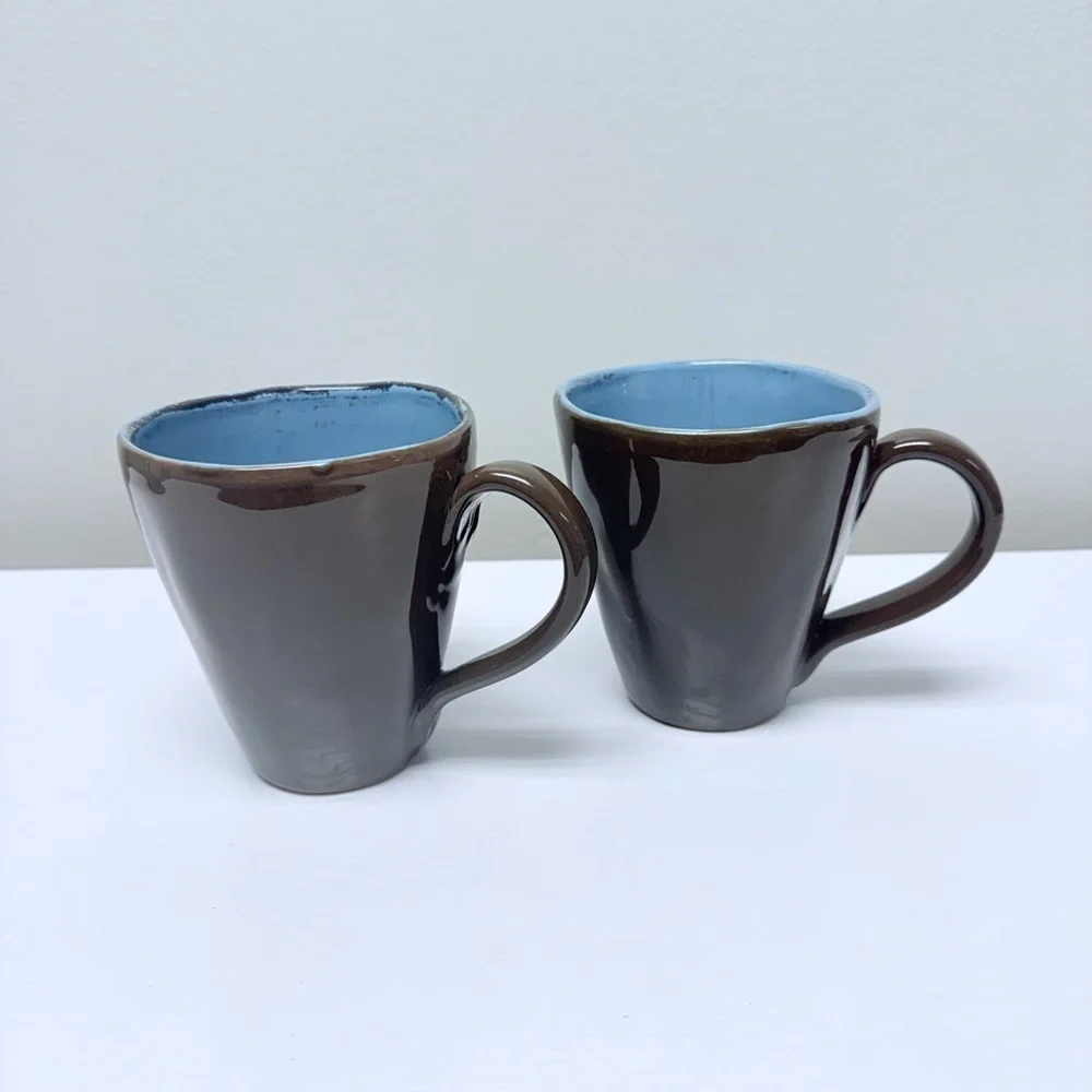 Pier 1 Imports Set of 2 Vintage Stoneware Coffee Cup Mugs, Italy, Brown & Blue